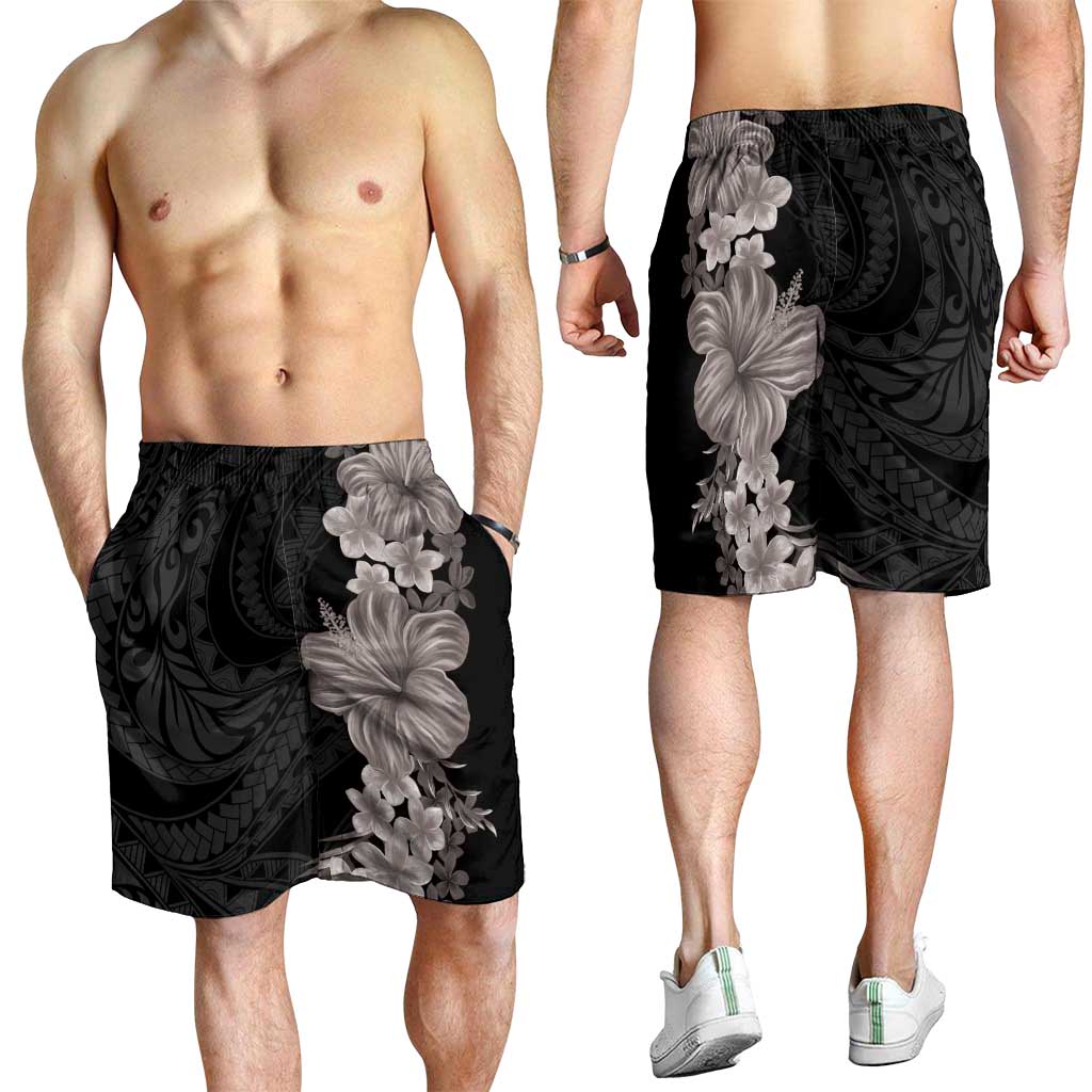 Hawaiian Plumeria and Hibiscus Shorts for Men Grayscale Mode LT03 - Polynesian Pride