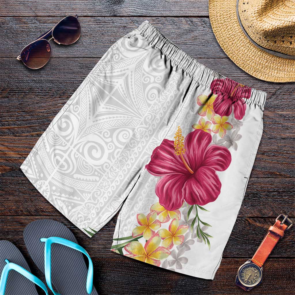 Hawaiian Plumeria and Hibiscus Shorts for Men White Mode - Polynesian Pride