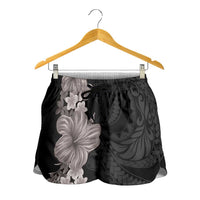 Hawaiian Plumeria and Hibiscus Shorts for Women Grayscale Mode - Polynesian Pride