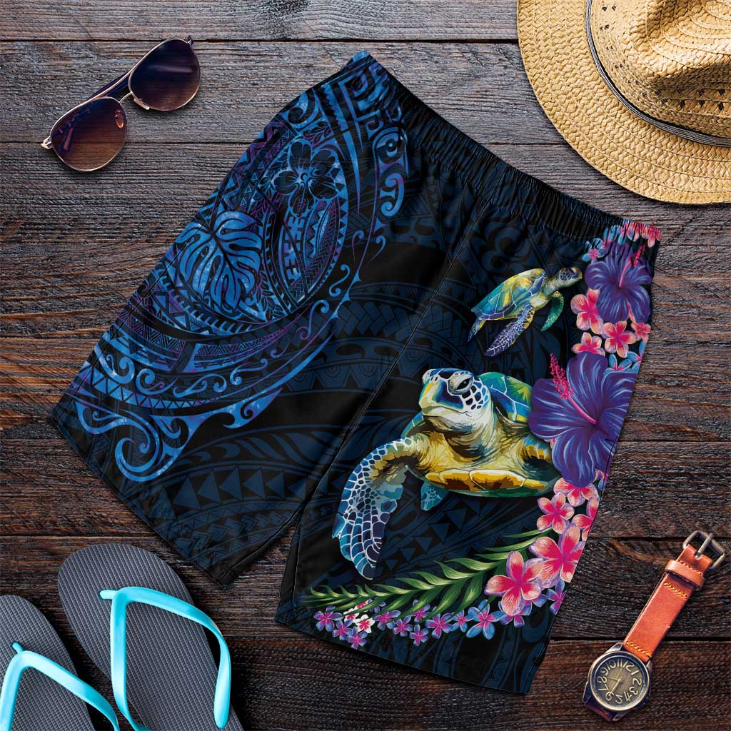 Hawaiian Plumeria and Hibiscus with Turtles Shorts for Men Polynesian Art Dark Cyan Color - Polynesian Pride