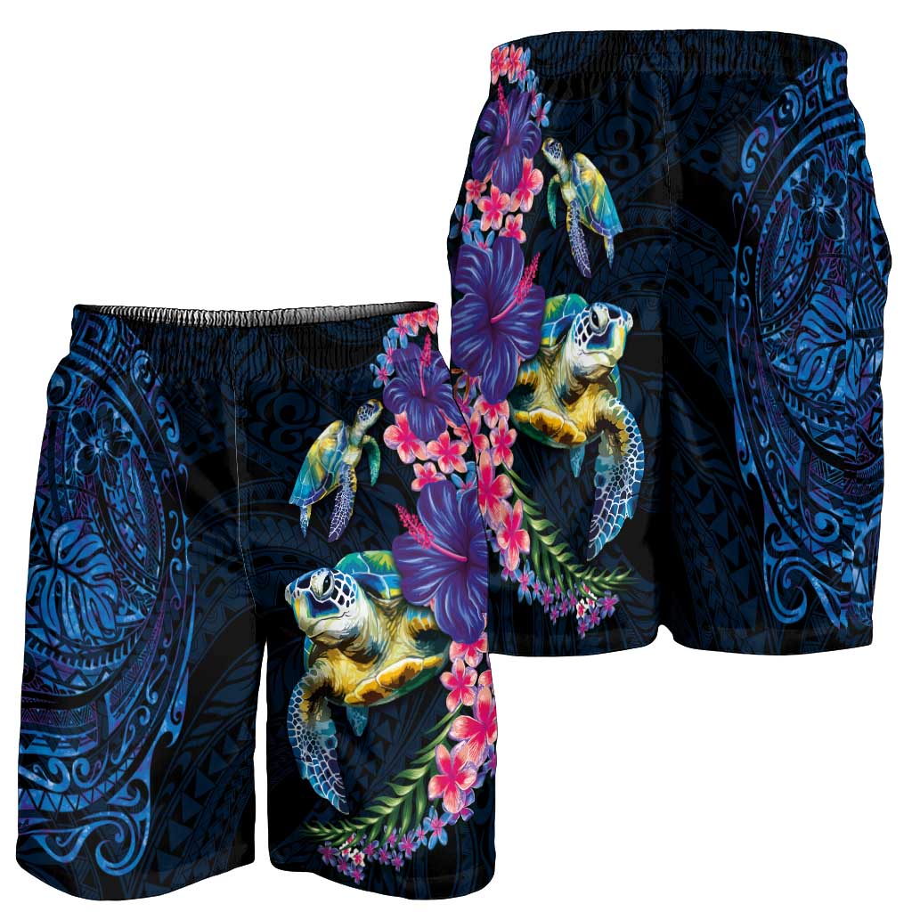 Hawaiian Plumeria and Hibiscus with Turtles Shorts for Men Polynesian Art Dark Cyan Color - Polynesian Pride