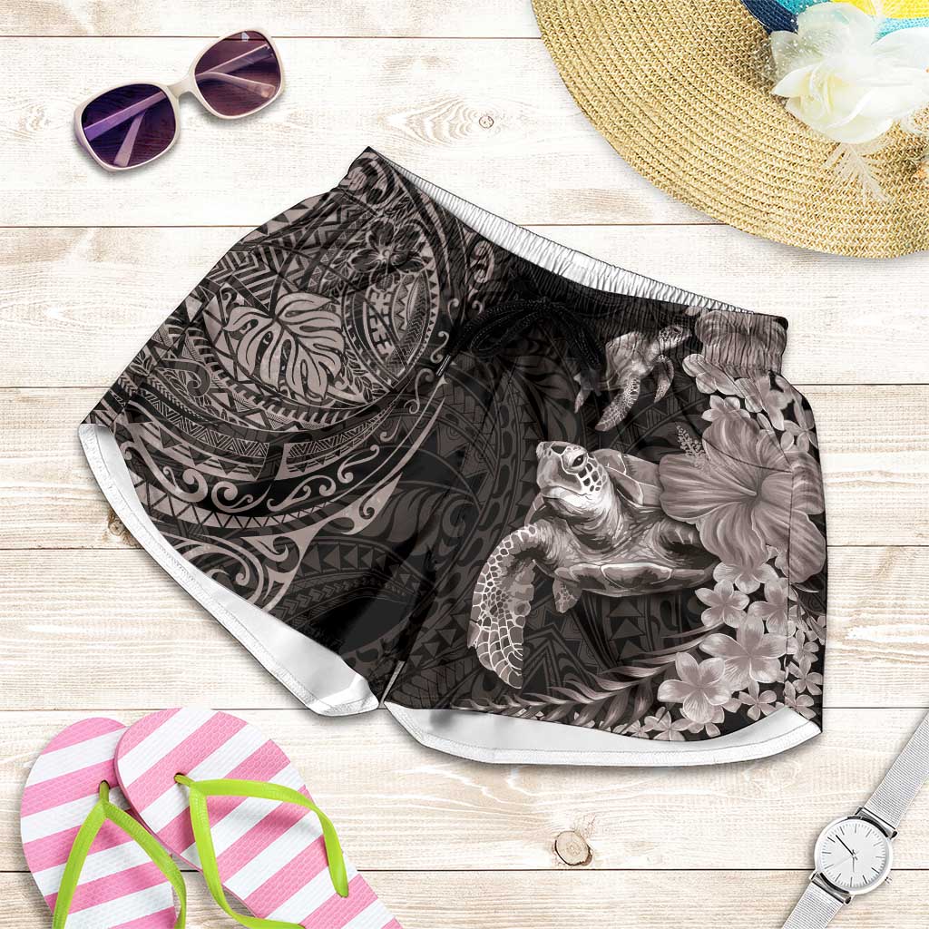 Hawaiian Plumeria and Hibiscus with Turtles Shorts for Women Polynesian Art Grayscale - Polynesian Pride
