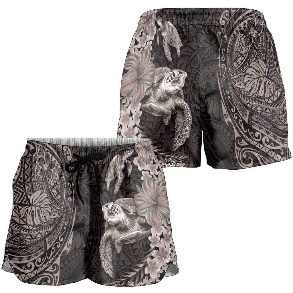 Hawaiian Plumeria and Hibiscus with Turtles Shorts for Women Polynesian Art Grayscale - Polynesian Pride