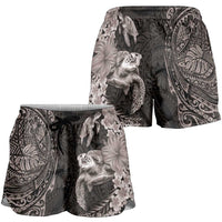 Hawaiian Plumeria and Hibiscus with Turtles Shorts for Women Polynesian Art Grayscale - Polynesian Pride