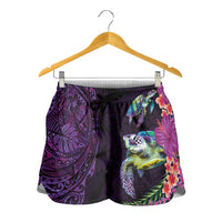 Hawaiian Plumeria and Hibiscus with Turtles Shorts for Women Polynesian Art Purple Color - Polynesian Pride