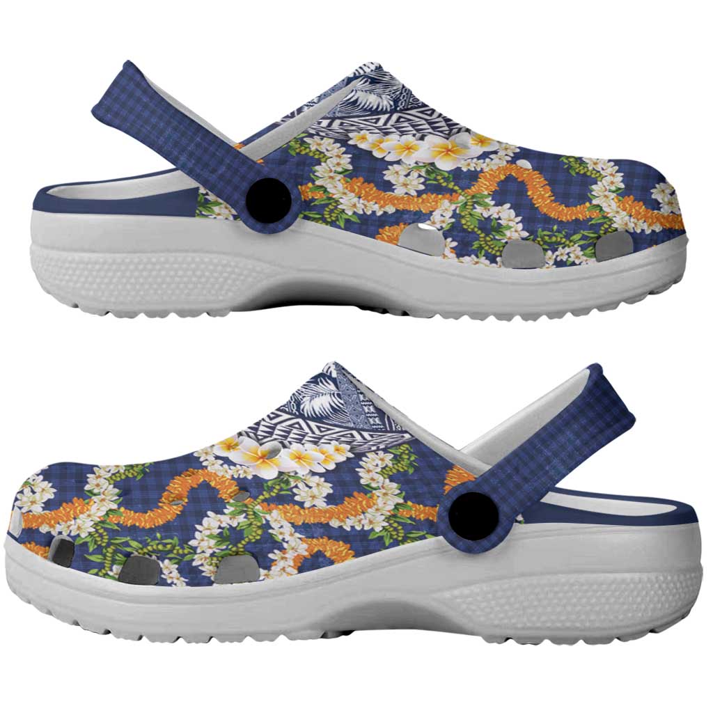 Hawaiian Plumeria Lei Clogs Shoes Kakau Motifs and Palaka Half Style Blue Color - Polynesian Pride