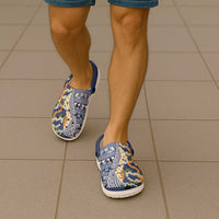 Hawaiian Plumeria Lei Clogs Shoes Kakau Motifs and Palaka Half Style Blue Color - Polynesian Pride