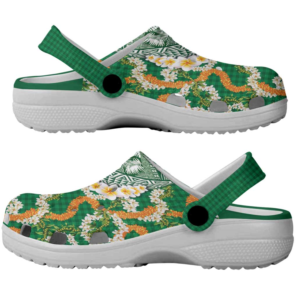 Hawaiian Plumeria Lei Clogs Shoes Kakau Motifs and Palaka Half Style Green Color - Polynesian Pride
