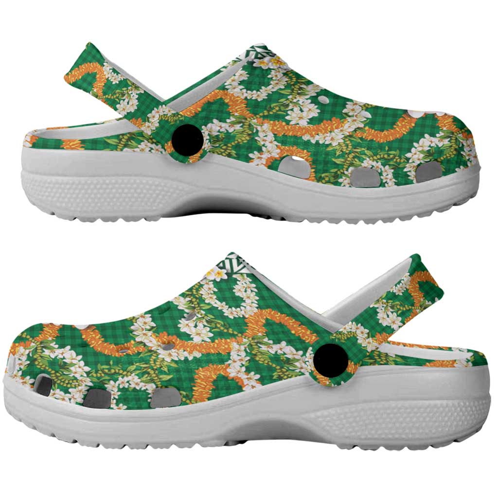 Hawaiian Plumeria Lei Clogs Shoes Kakau Motifs and Palaka Half Style Green Color LT03 - Polynesian Pride