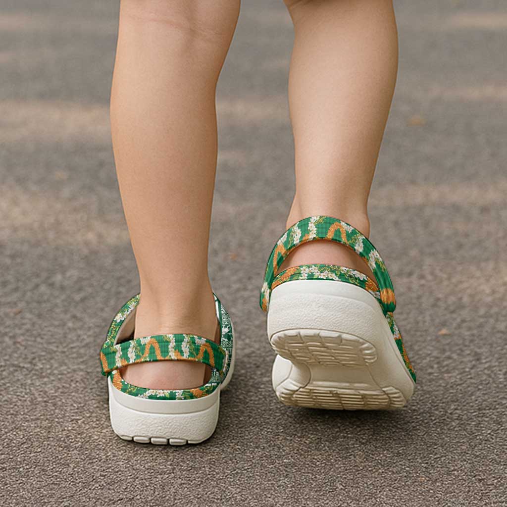 Hawaiian Plumeria Lei Clogs Shoes Kakau Motifs and Palaka Half Style Green Color LT03 - Polynesian Pride