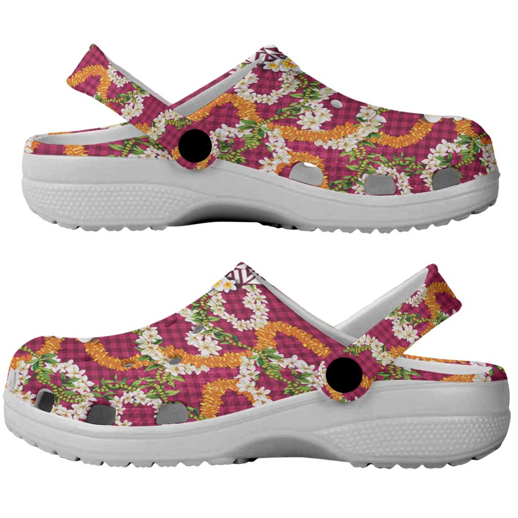 Hawaiian Plumeria Lei Clogs Shoes Kakau Motifs and Palaka Half Style Pink Color LT03 - Polynesian Pride