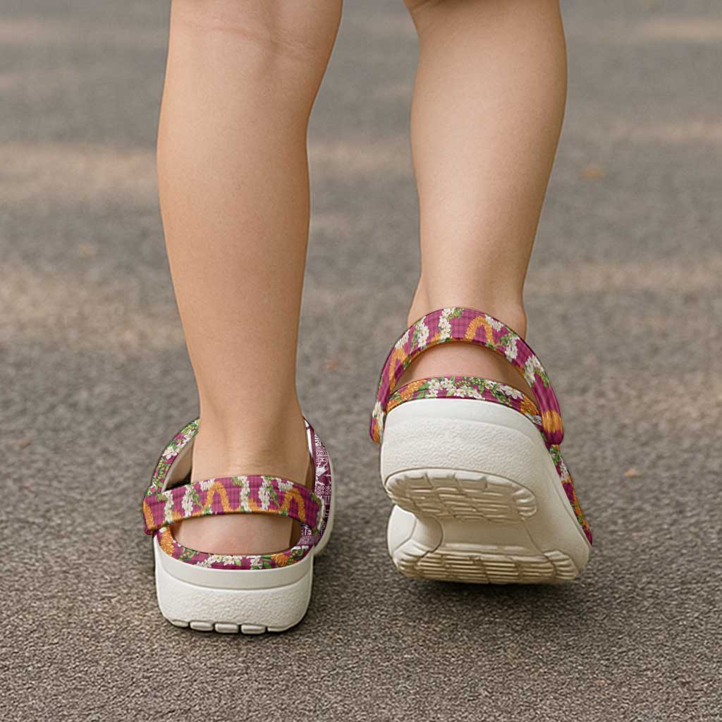 Hawaiian Plumeria Lei Clogs Shoes Kakau Motifs and Palaka Half Style Pink Color LT03 - Polynesian Pride