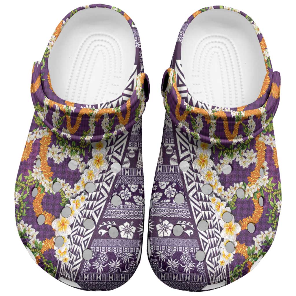 Hawaiian Plumeria Lei Clogs Shoes Kakau Motifs and Palaka Half Style Purple Color LT03 Purple - Polynesian Pride