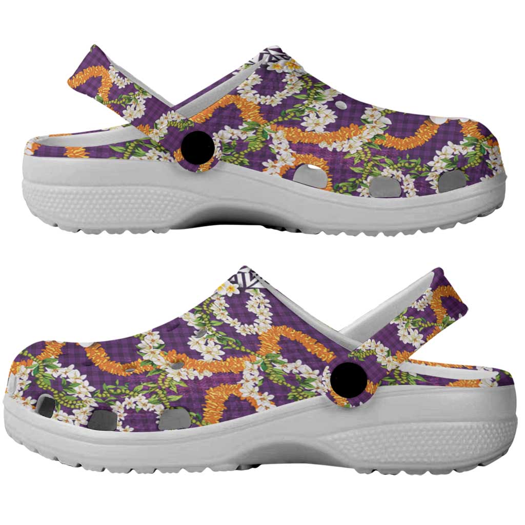 Hawaiian Plumeria Lei Clogs Shoes Kakau Motifs and Palaka Half Style Purple Color LT03 - Polynesian Pride