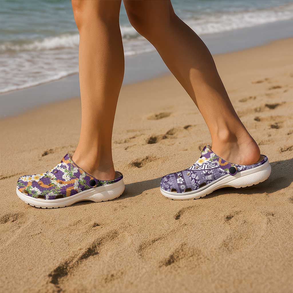 Hawaiian Plumeria Lei Clogs Shoes Kakau Motifs and Palaka Half Style Purple Color LT03 - Polynesian Pride