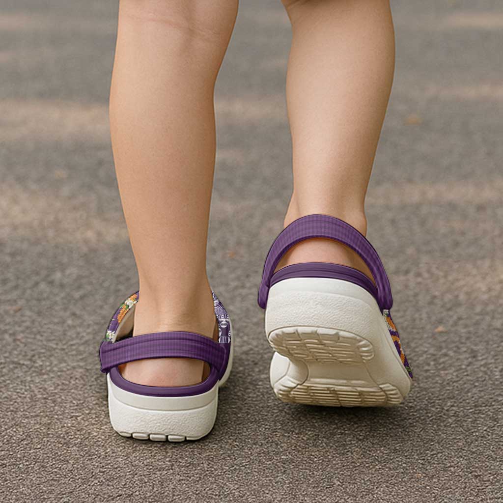 Hawaiian Plumeria Lei Clogs Shoes Kakau Motifs and Palaka Half Style Purple Color - Polynesian Pride