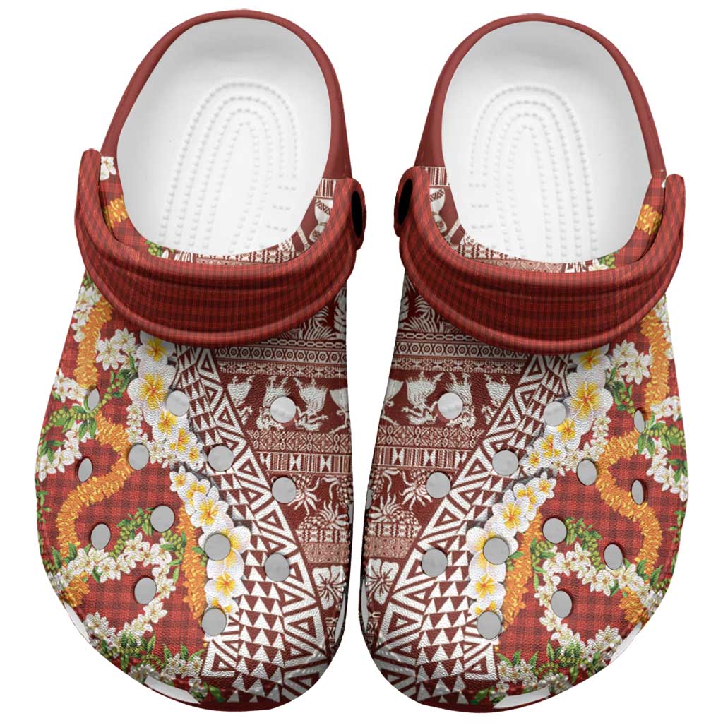 Hawaiian Plumeria Lei Clogs Shoes Kakau Motifs and Palaka Half Style Red Color - Polynesian Pride