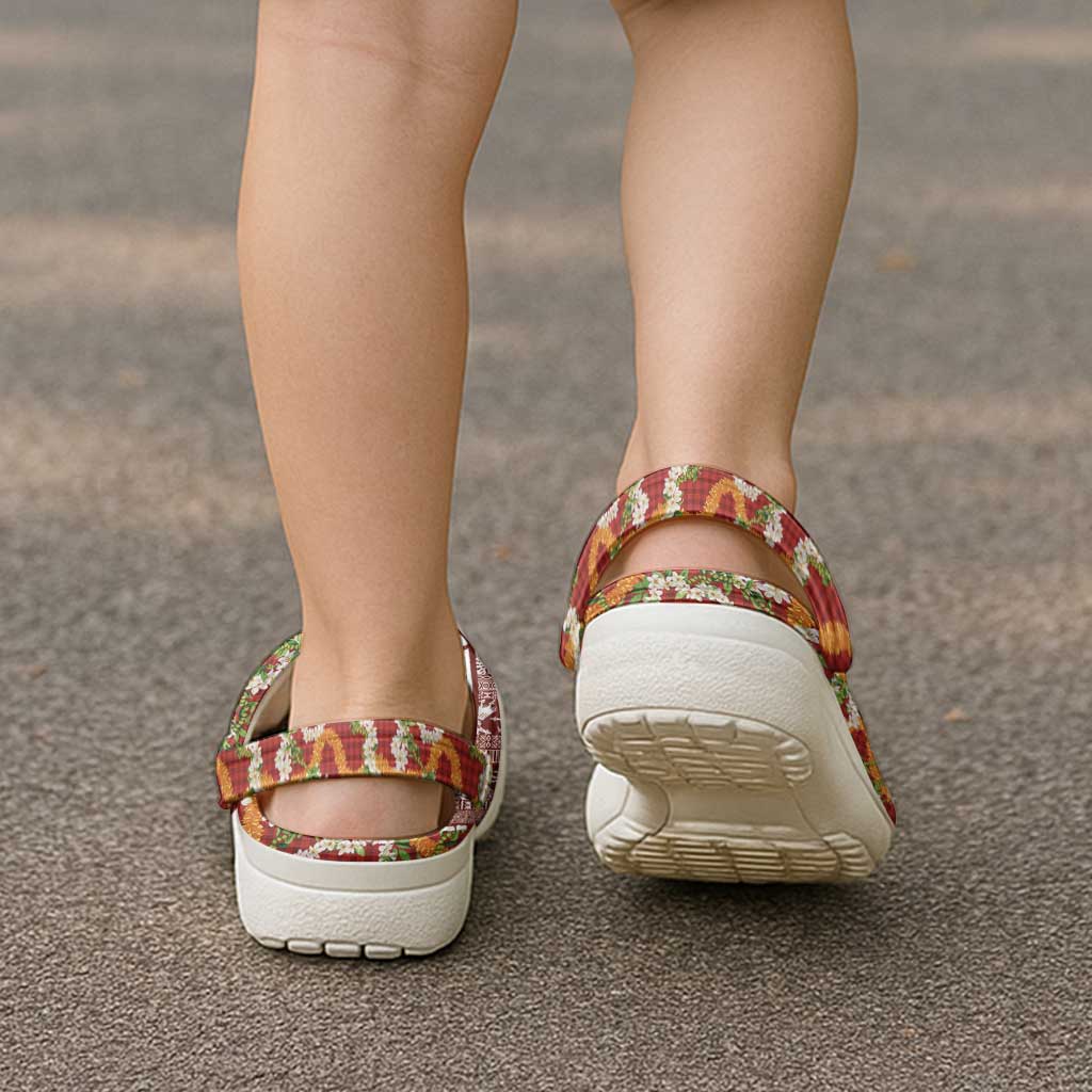 Hawaiian Plumeria Lei Clogs Shoes Kakau Motifs and Palaka Half Style Red Color LT03 - Polynesian Pride