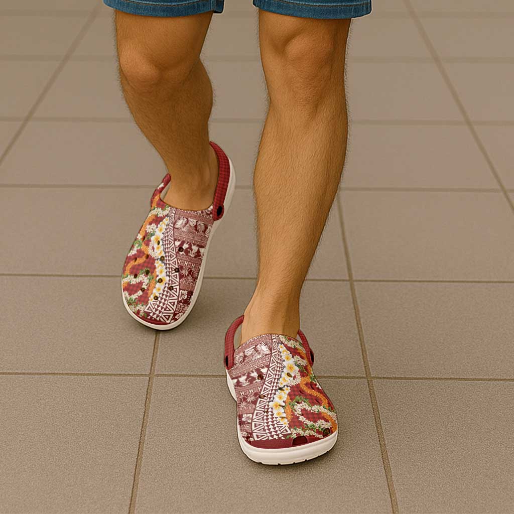 Hawaiian Plumeria Lei Clogs Shoes Kakau Motifs and Palaka Half Style Red Color - Polynesian Pride