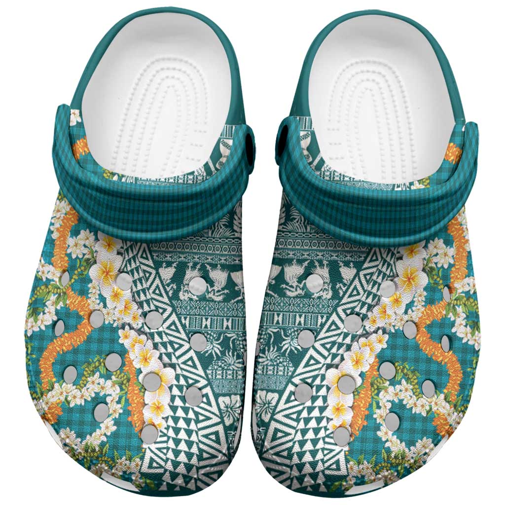 Hawaiian Plumeria Lei Clogs Shoes Kakau Motifs and Palaka Half Style Turquoise Color - Polynesian Pride