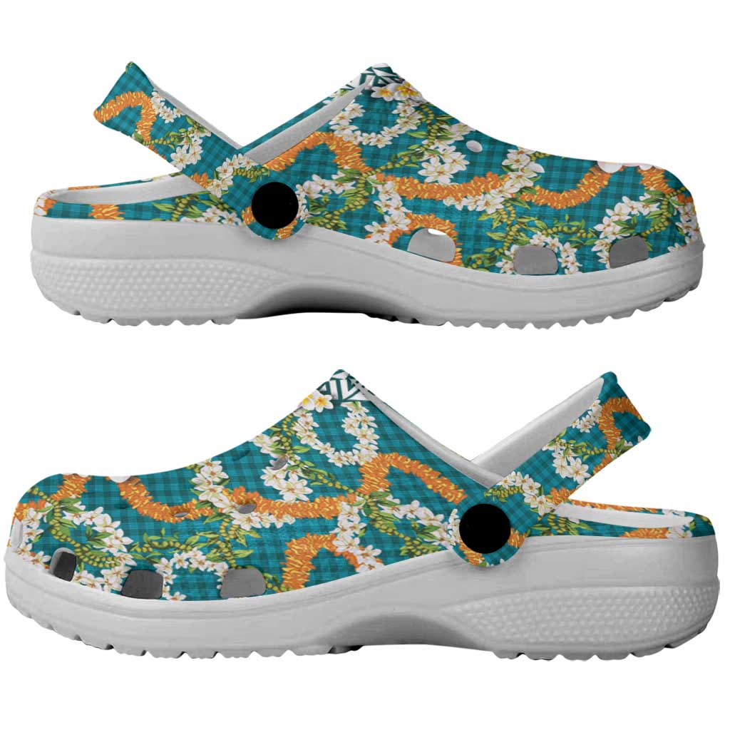 Hawaiian Plumeria Lei Clogs Shoes Kakau Motifs and Palaka Half Style Turquoise Color LT03 - Polynesian Pride