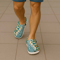 Hawaiian Plumeria Lei Clogs Shoes Kakau Motifs and Palaka Half Style Turquoise Color LT03 - Polynesian Pride