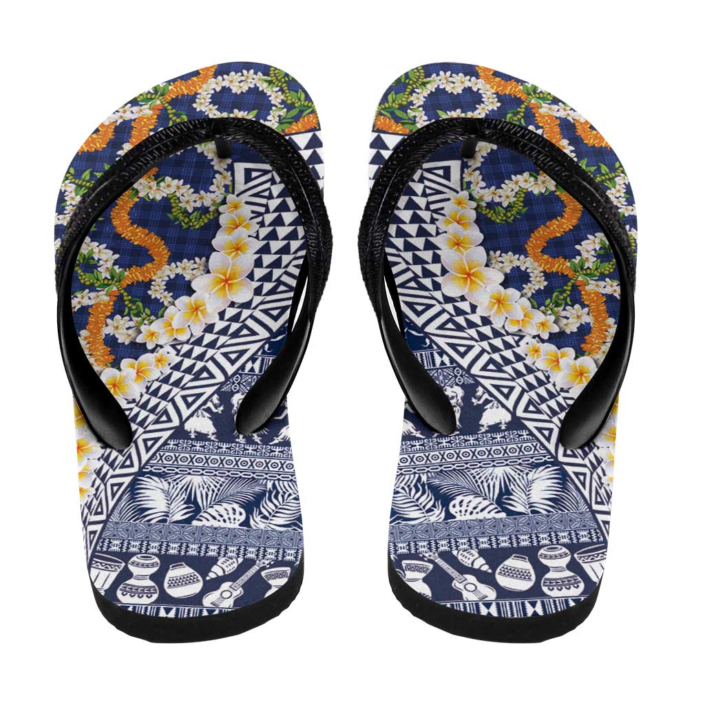 Hawaiian Plumeria Lei Flip Flops Kakau Motifs and Palaka Half Style Blue Color - Polynesian Pride
