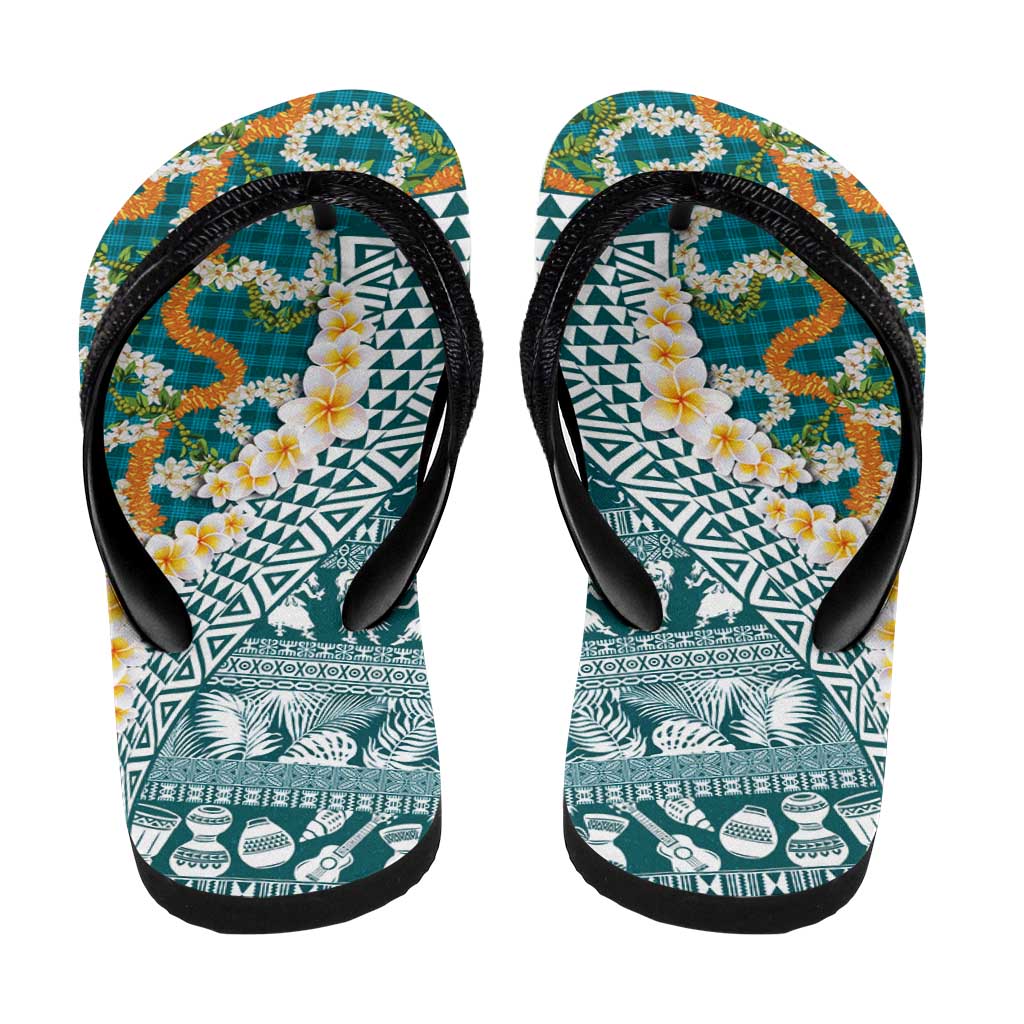 Hawaiian Plumeria Lei Flip Flops Kakau Motifs and Palaka Half Style Turquoise Color - Polynesian Pride