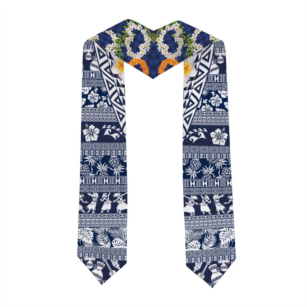 Hawaiian Plumeria Lei Graduation Stole Kakau Motifs and Palaka Half Style Blue Color LT03 - Polynesian Pride