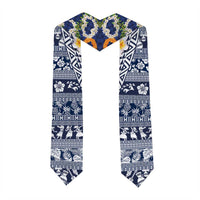 Hawaiian Plumeria Lei Graduation Stole Kakau Motifs and Palaka Half Style Blue Color LT03 - Polynesian Pride