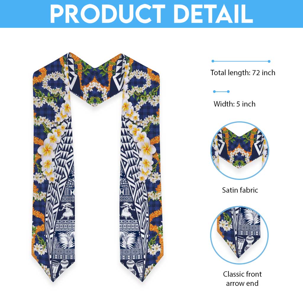 Hawaiian Plumeria Lei Graduation Stole Kakau Motifs and Palaka Half Style Blue Color LT03 - Polynesian Pride