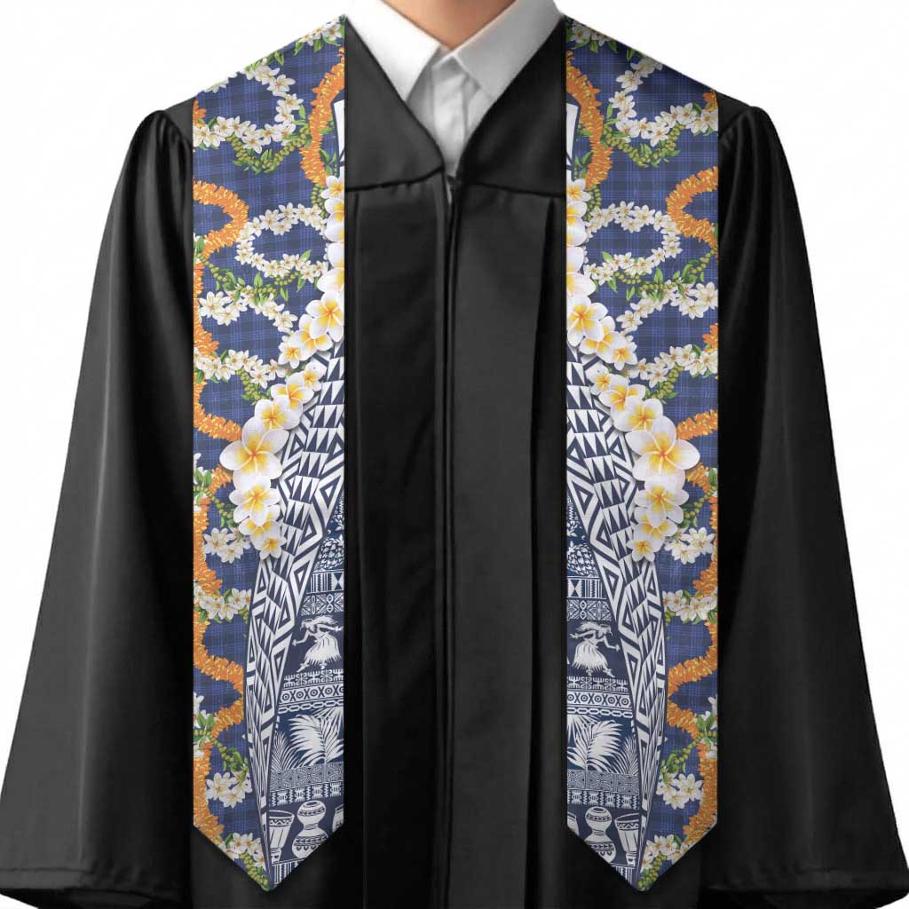 Hawaiian Plumeria Lei Graduation Stole Kakau Motifs and Palaka Half Style Blue Color LT03 - Polynesian Pride