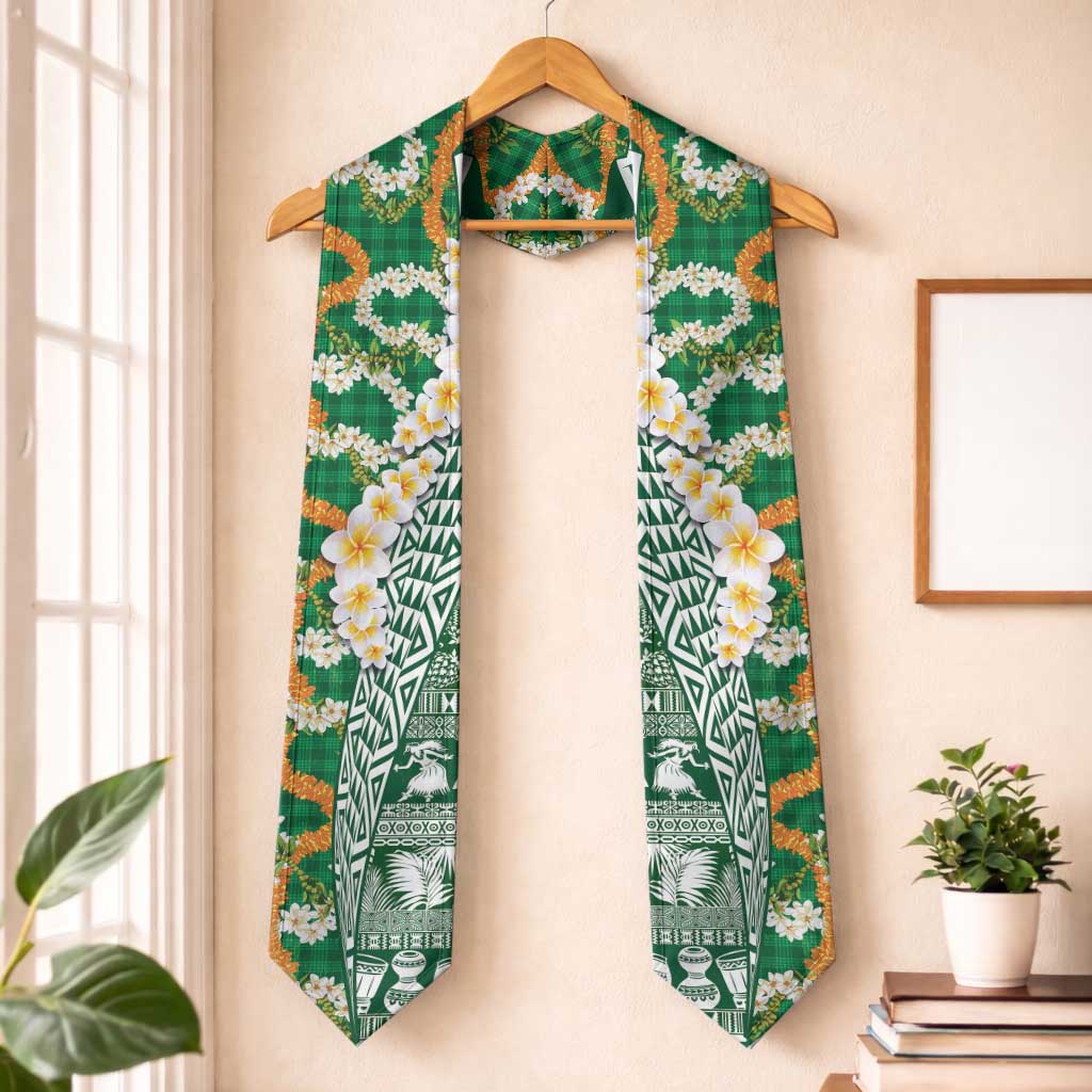 Hawaiian Plumeria Lei Graduation Stole Kakau Motifs and Palaka Half Style Green Color LT03 One Size Green - Polynesian Pride