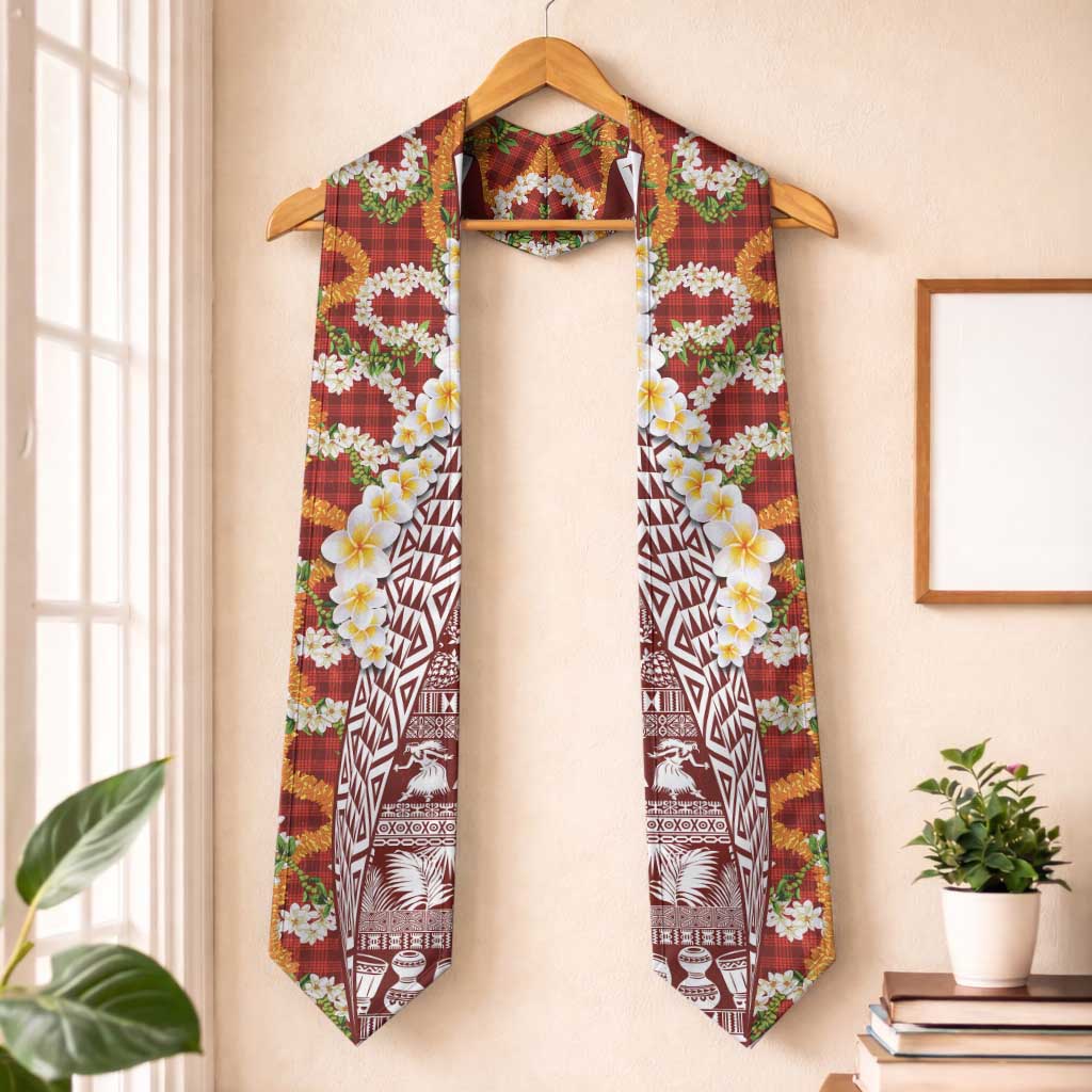 Hawaiian Plumeria Lei Graduation Stole Kakau Motifs and Palaka Half Style Red Color LT03 One Size Red - Polynesian Pride