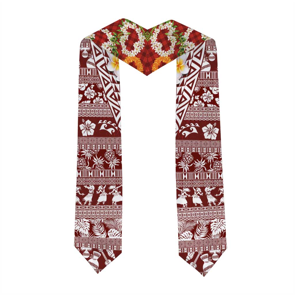 Hawaiian Plumeria Lei Graduation Stole Kakau Motifs and Palaka Half Style Red Color LT03 - Polynesian Pride