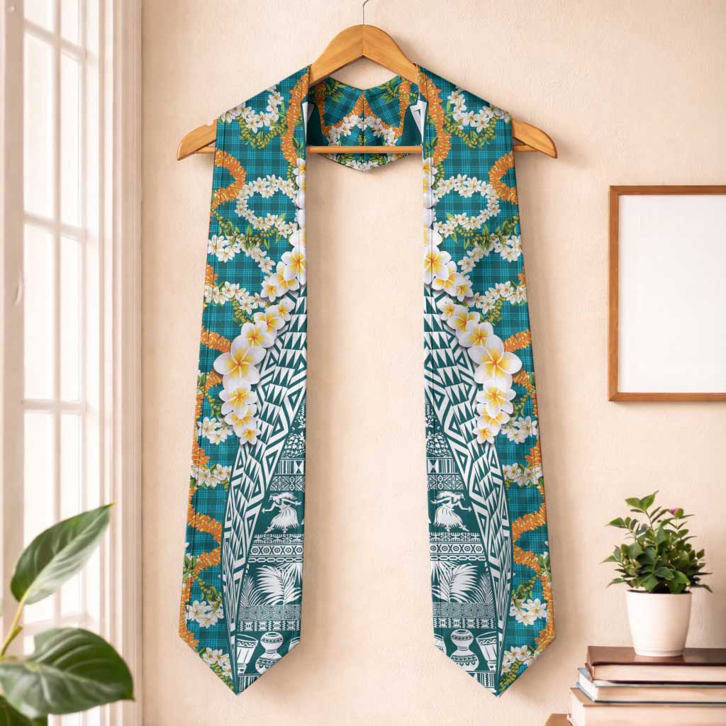 Hawaiian Plumeria Lei Graduation Stole Kakau Motifs and Palaka Half Style Turquoise Color