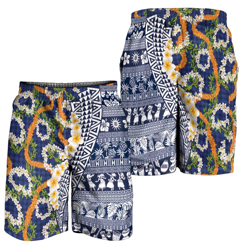Hawaiian Plumeria Lei Shorts for Men Kakau Motifs and Palaka Half Style Blue Color - Polynesian Pride