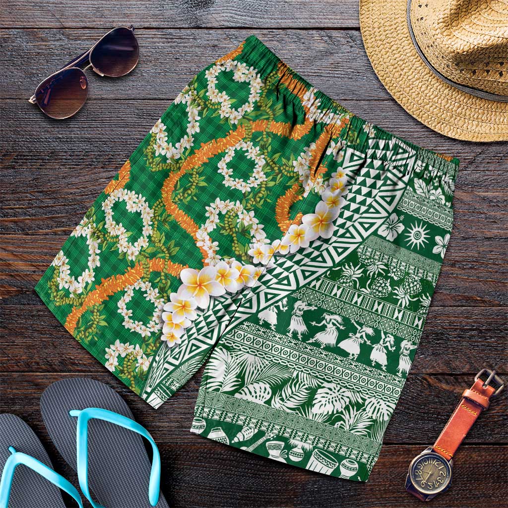 Hawaiian Plumeria Lei Shorts for Men Kakau Motifs and Palaka Half Style Green Color - Polynesian Pride