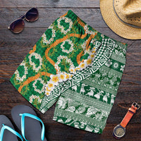 Hawaiian Plumeria Lei Shorts for Men Kakau Motifs and Palaka Half Style Green Color - Polynesian Pride