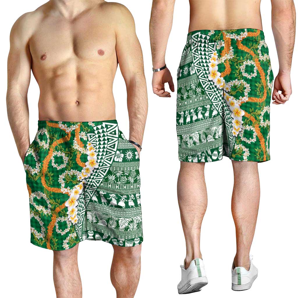 Hawaiian Plumeria Lei Shorts for Men Kakau Motifs and Palaka Half Style Green Color - Polynesian Pride