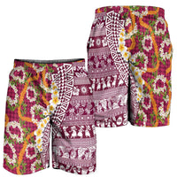 Hawaiian Plumeria Lei Shorts for Men Kakau Motifs and Palaka Half Style Pink Color - Polynesian Pride