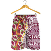 Hawaiian Plumeria Lei Shorts for Men Kakau Motifs and Palaka Half Style Pink Color - Polynesian Pride