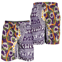 Hawaiian Plumeria Lei Shorts for Men Kakau Motifs and Palaka Half Style Purple Color - Polynesian Pride