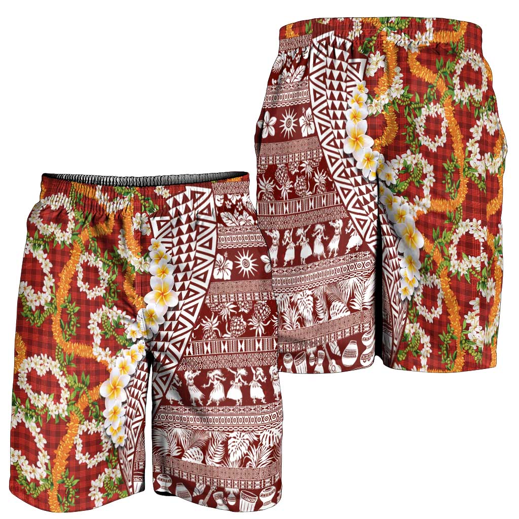Hawaiian Plumeria Lei Shorts for Men Kakau Motifs and Palaka Half Style Red Color - Polynesian Pride