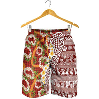 Hawaiian Plumeria Lei Shorts for Men Kakau Motifs and Palaka Half Style Red Color - Polynesian Pride