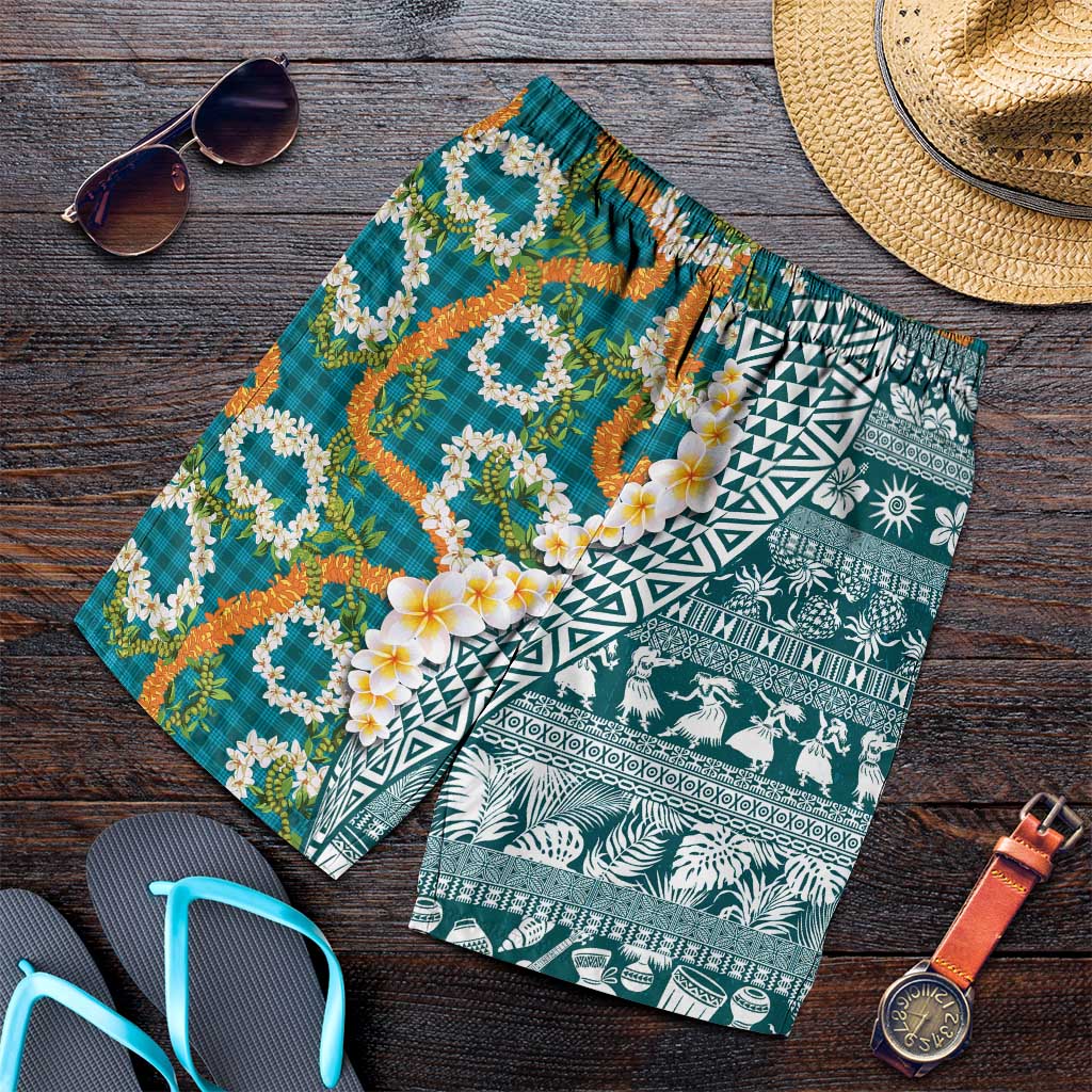 Hawaiian Plumeria Lei Shorts for Men Kakau Motifs and Palaka Half Style Turquoise Color - Polynesian Pride