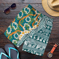 Hawaiian Plumeria Lei Shorts for Men Kakau Motifs and Palaka Half Style Turquoise Color - Polynesian Pride