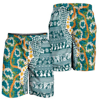 Hawaiian Plumeria Lei Shorts for Men Kakau Motifs and Palaka Half Style Turquoise Color - Polynesian Pride