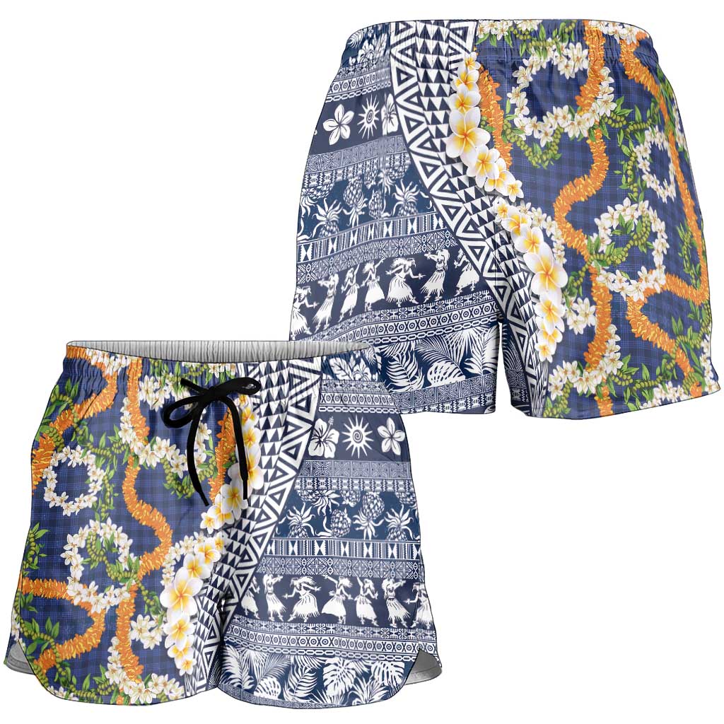 Hawaiian Plumeria Lei Shorts for Women Kakau Motifs and Palaka Half Style Blue Color - Polynesian Pride