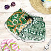 Hawaiian Plumeria Lei Shorts for Women Kakau Motifs and Palaka Half Style Green Color - Polynesian Pride